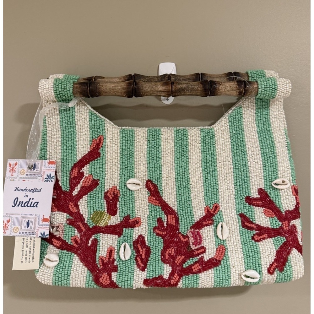 NEW RELEASE Made In India Beaded Sea Coral Green White Striped Bamboo Clutch NWT